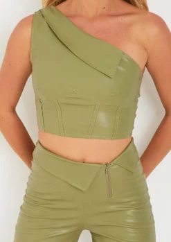 Tops|Co-Ords*Missy Empire Ramona Fold Over Corset Detail Faux Leather Top Green
