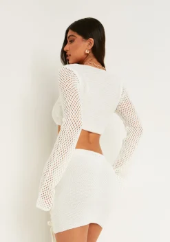 Tops|Co-Ords*Missy Empire Raven Hollow Knitted Long Sleeve Tie Crop Top White