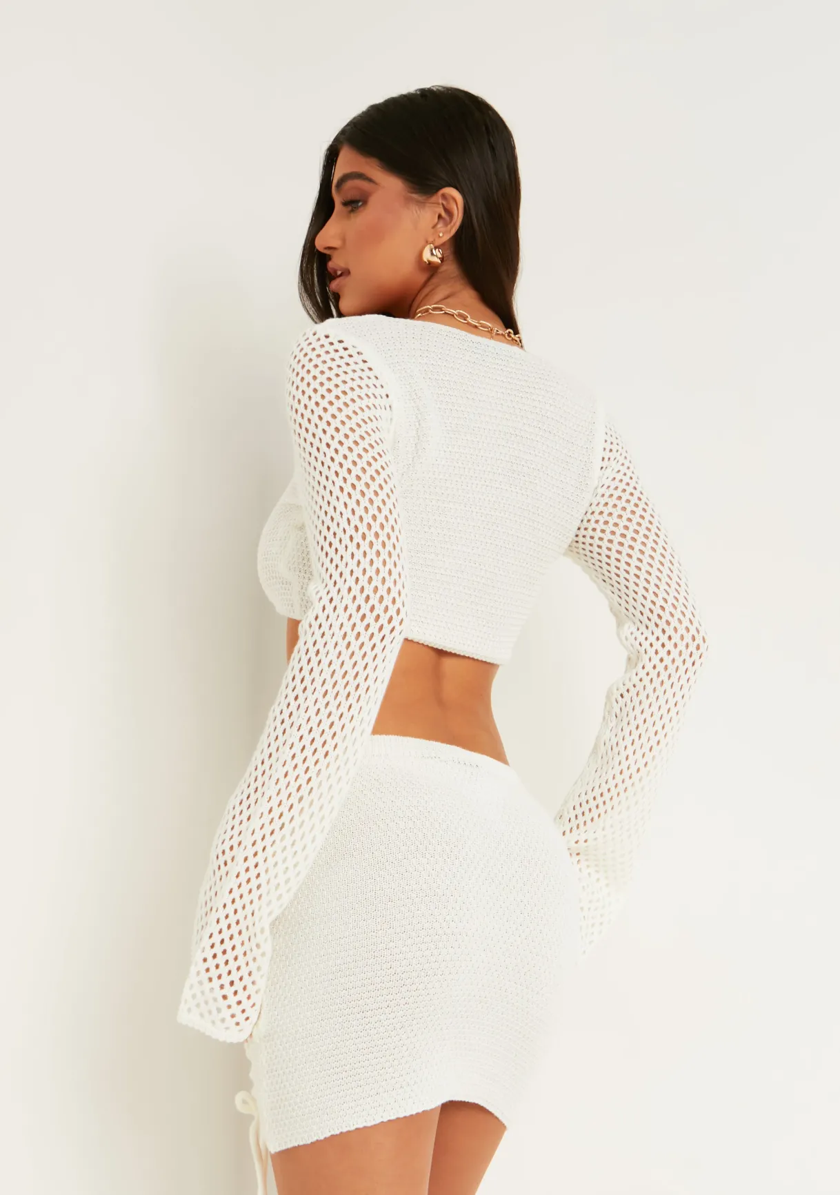 Tops|Co-Ords*Missy Empire Raven Hollow Knitted Long Sleeve Tie Crop Top White
