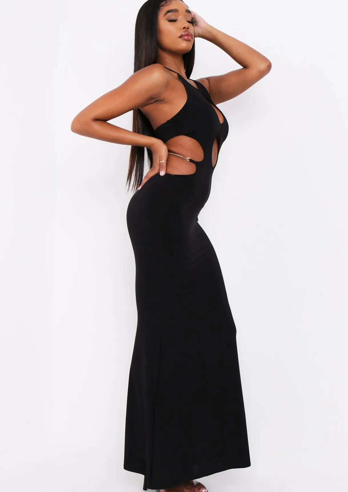 The Party Edit|Little Black Dresses*Missy Empire Rhianna Black Cut Out Chain Maxi Dress