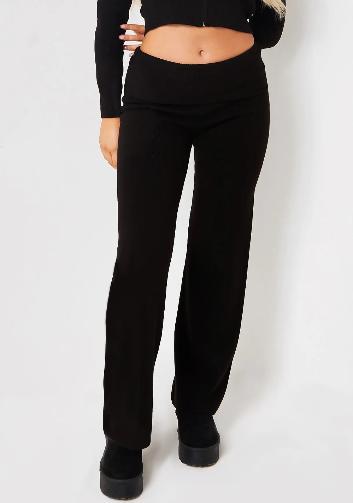 Airport Vibin'|Trousers*Missy Empire Rina Knit Fold Over Waist Flare Trousers Black