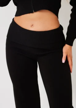 Airport Vibin'|Trousers*Missy Empire Rina Knit Fold Over Waist Flare Trousers Black