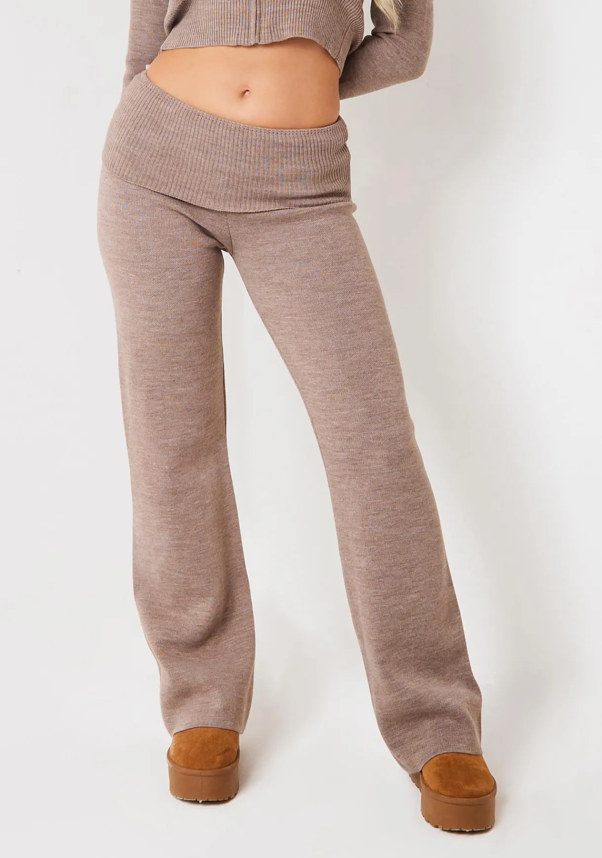 Airport Vibin'|Trousers*Missy Empire Rina Knit Fold Over Waist Flare Trousers Mocha