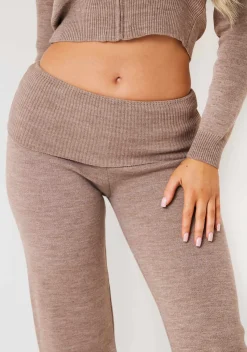 Airport Vibin'|Trousers*Missy Empire Rina Knit Fold Over Waist Flare Trousers Mocha