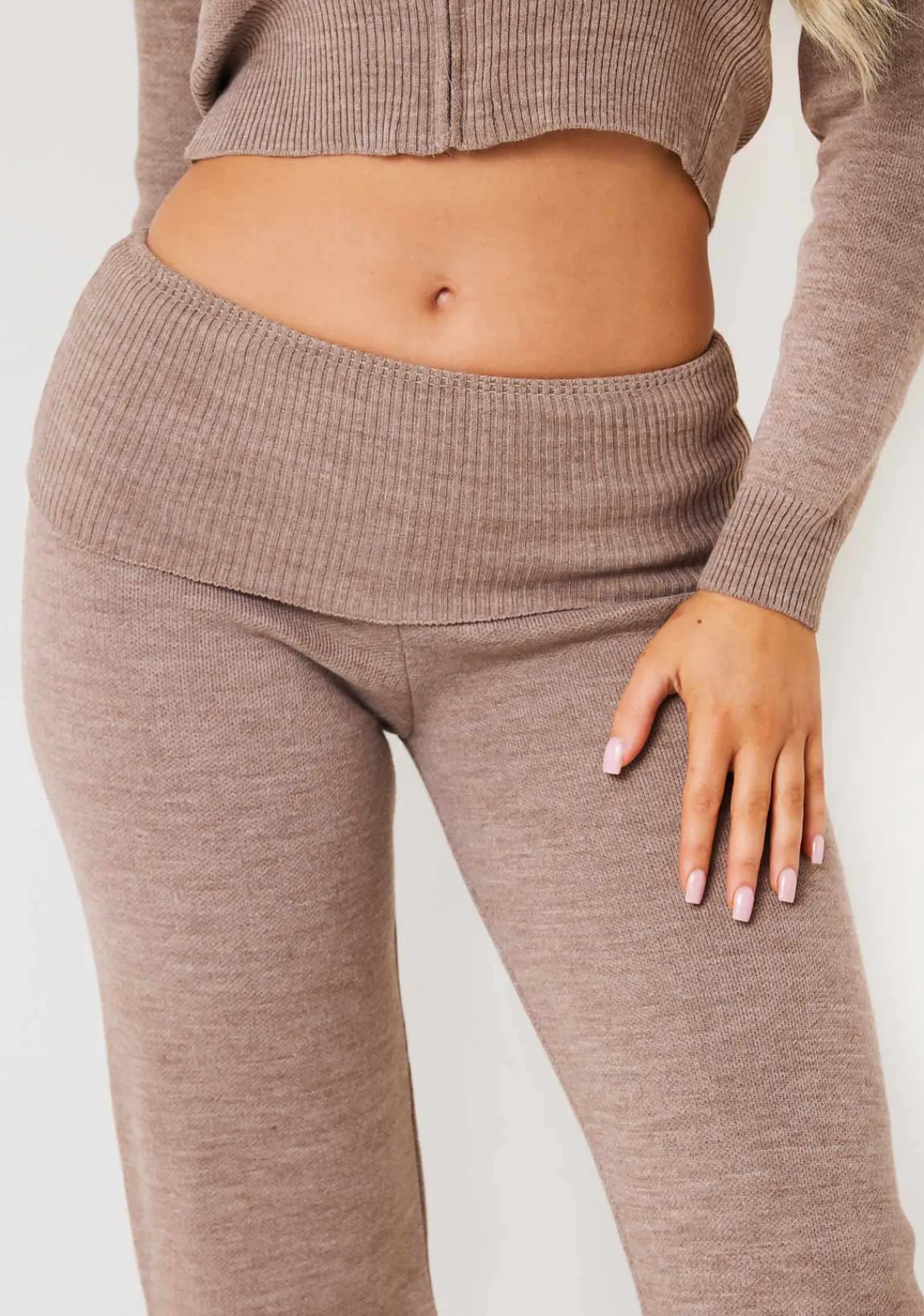 Airport Vibin'|Trousers*Missy Empire Rina Knit Fold Over Waist Flare Trousers Mocha