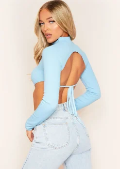 Tops*Missy Empire Roderiga Ribbed High Neck Tie Back Crop Top Pastel Blue