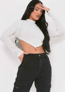 Tops*Missy Empire Roderiga Ribbed High Neck Tie Back Crop Top White
