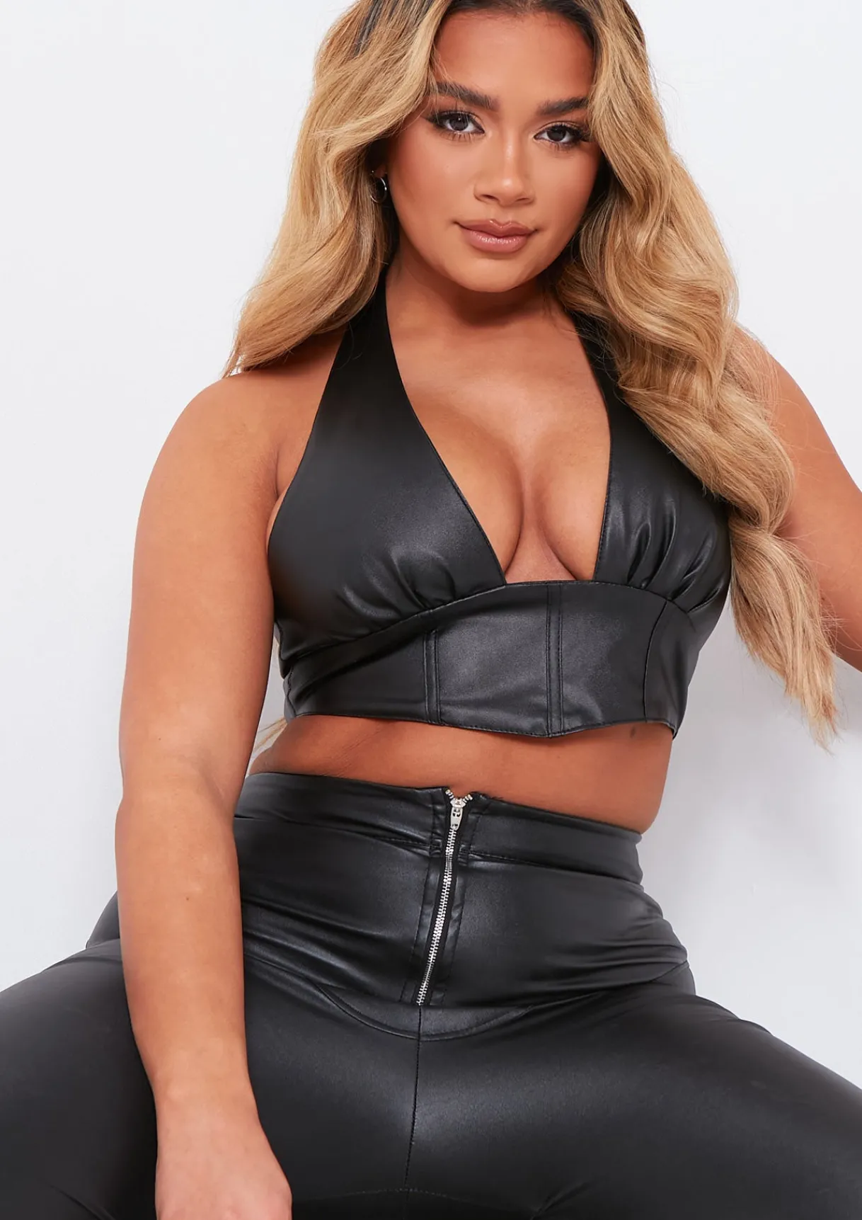 Rave Outfits|Tops*Missy Empire Romy PU Cropped Corset Halterneck Top Black