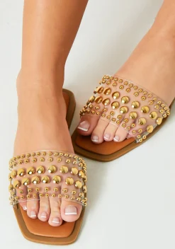 Sandals|Flats*Missy Empire Rosa Gold Stud Perspex Flat Sandal