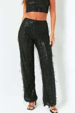 The Party Edit|Trousers*Missy Empire Rosalie Black Tassel Sequin Wide Leg Trousers