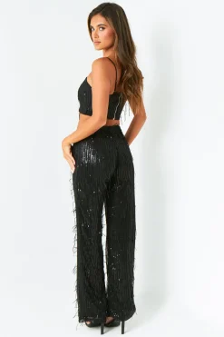 The Party Edit|Trousers*Missy Empire Rosalie Black Tassel Sequin Wide Leg Trousers