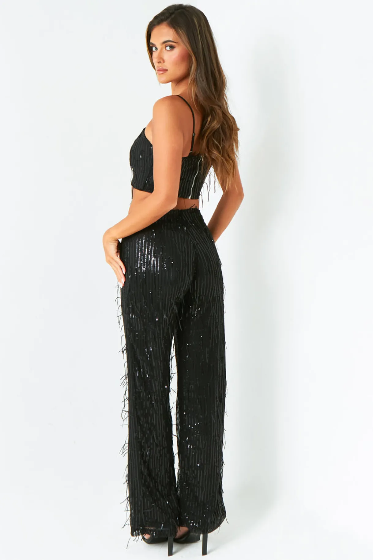 The Party Edit|Trousers*Missy Empire Rosalie Black Tassel Sequin Wide Leg Trousers