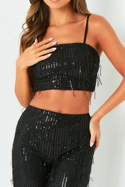 The Party Edit|Trousers*Missy Empire Rosalie Black Tassel Sequin Wide Leg Trousers