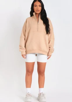 Airport Vibin'|Loungewear*Missy Empire Roxy Premium Ribbed Panelled Half Zip Sweatshirt Beige