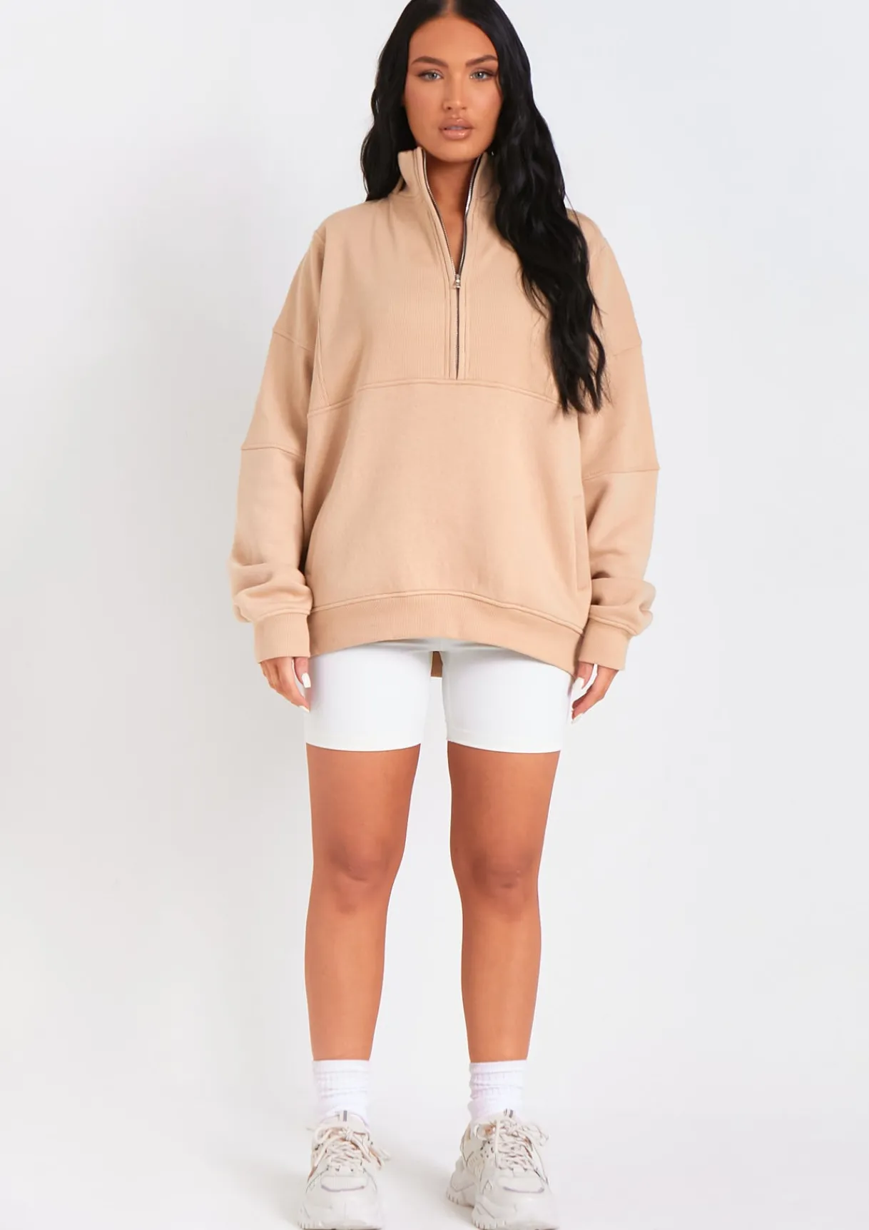 Airport Vibin'|Loungewear*Missy Empire Roxy Premium Ribbed Panelled Half Zip Sweatshirt Beige