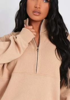 Airport Vibin'|Loungewear*Missy Empire Roxy Premium Ribbed Panelled Half Zip Sweatshirt Beige