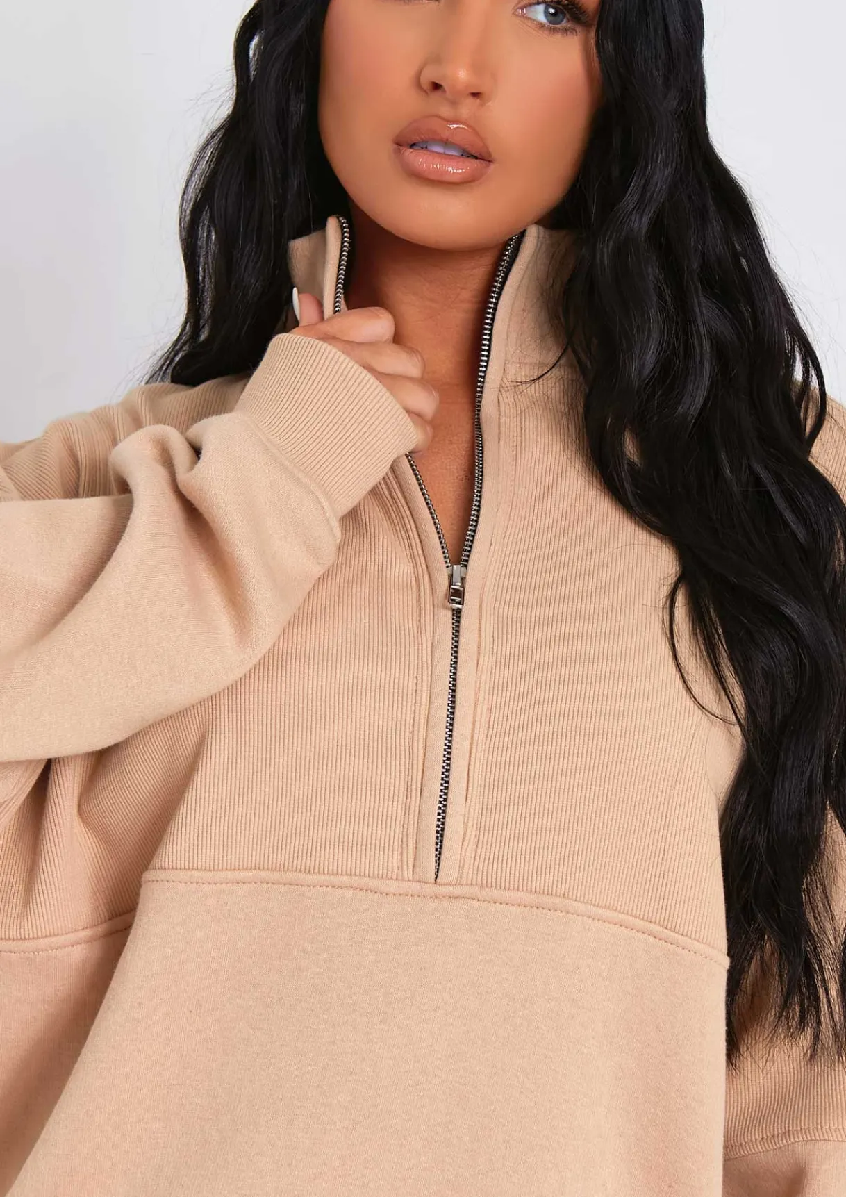 Airport Vibin'|Loungewear*Missy Empire Roxy Premium Ribbed Panelled Half Zip Sweatshirt Beige