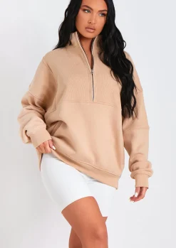 Airport Vibin'|Loungewear*Missy Empire Roxy Premium Ribbed Panelled Half Zip Sweatshirt Beige