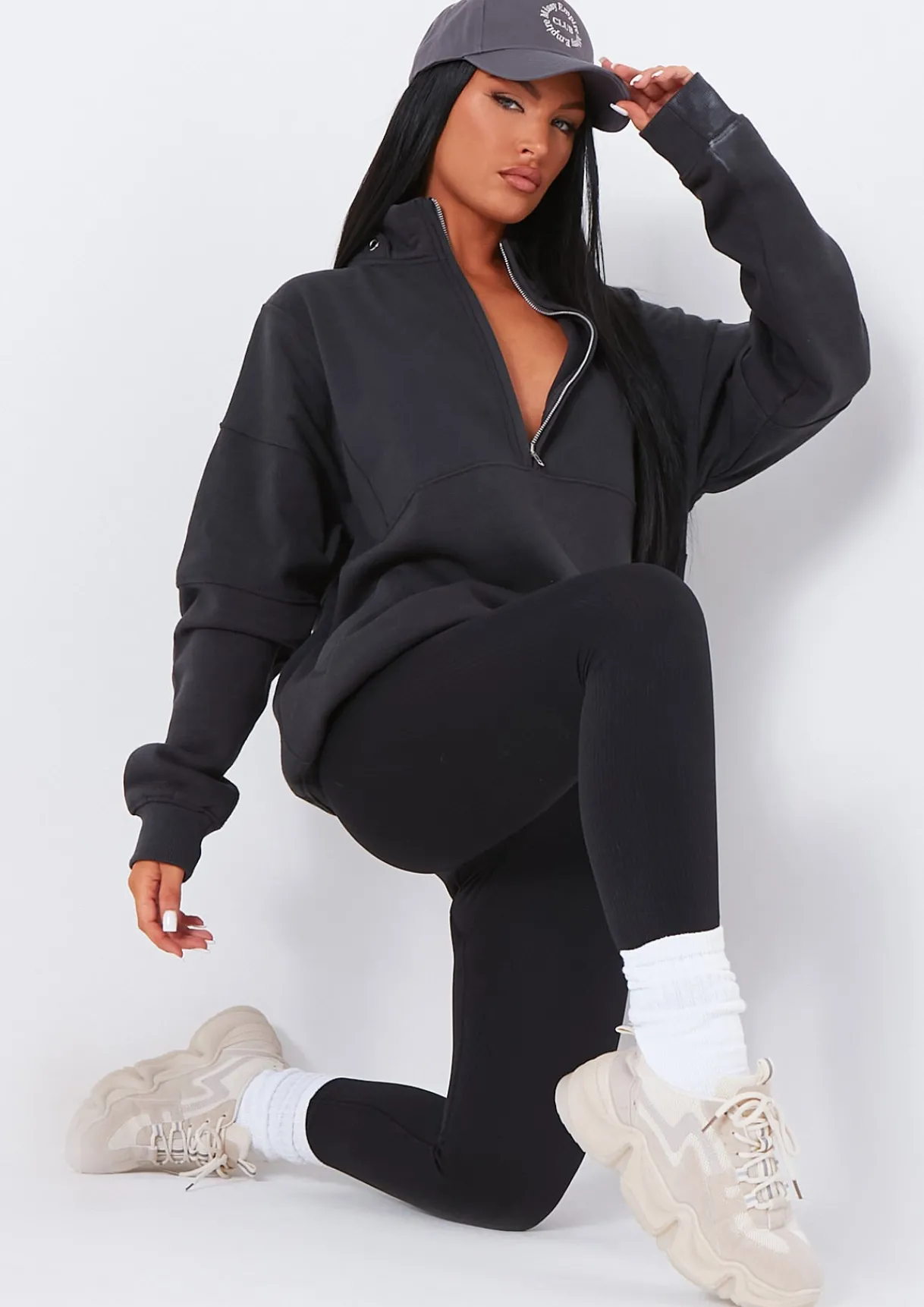 Airport Vibin'|Loungewear*Missy Empire Roxy Premium Ribbed Panelled Half Zip Sweatshirt Charcoal