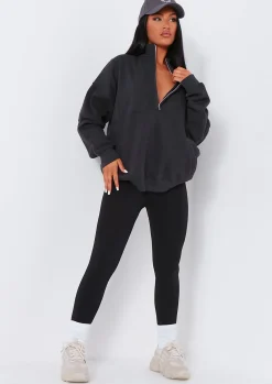 Airport Vibin'|Loungewear*Missy Empire Roxy Premium Ribbed Panelled Half Zip Sweatshirt Charcoal