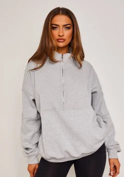 Airport Vibin'|Hoodies & Sweats*Missy Empire Roxy Premium Ribbed Panelled Half Zip Sweatshirt Light Grey