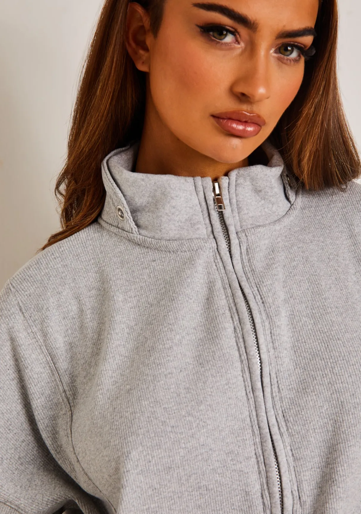 Airport Vibin'|Hoodies & Sweats*Missy Empire Roxy Premium Ribbed Panelled Half Zip Sweatshirt Light Grey