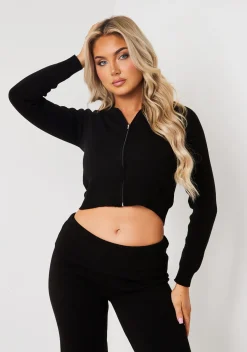 Airport Vibin'|Loungewear*Missy Empire Rylee Knit Zip Through Hooded Jacket Black