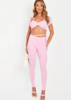 Airport Vibin'|Loungewear*Missy Empire Sabella Pink Tie Waist Leggings