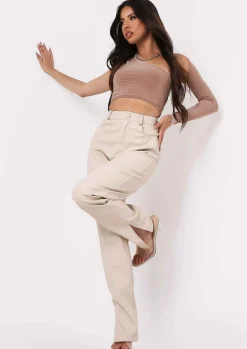 Tops*Missy Empire Sam One Shoulder Long Sleeve Crop Top Taupe
