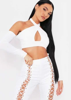 Tops*Missy Empire Saoirse Cross Halterneck Top Ivory