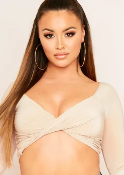 Tops*Missy Empire Sara Slinky Long Sleeve Twist Front Crop Top Champagne