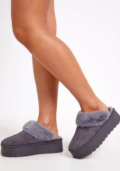 Boots*Missy Empire Sara Faux Fur Lined Platform Slippers Grey