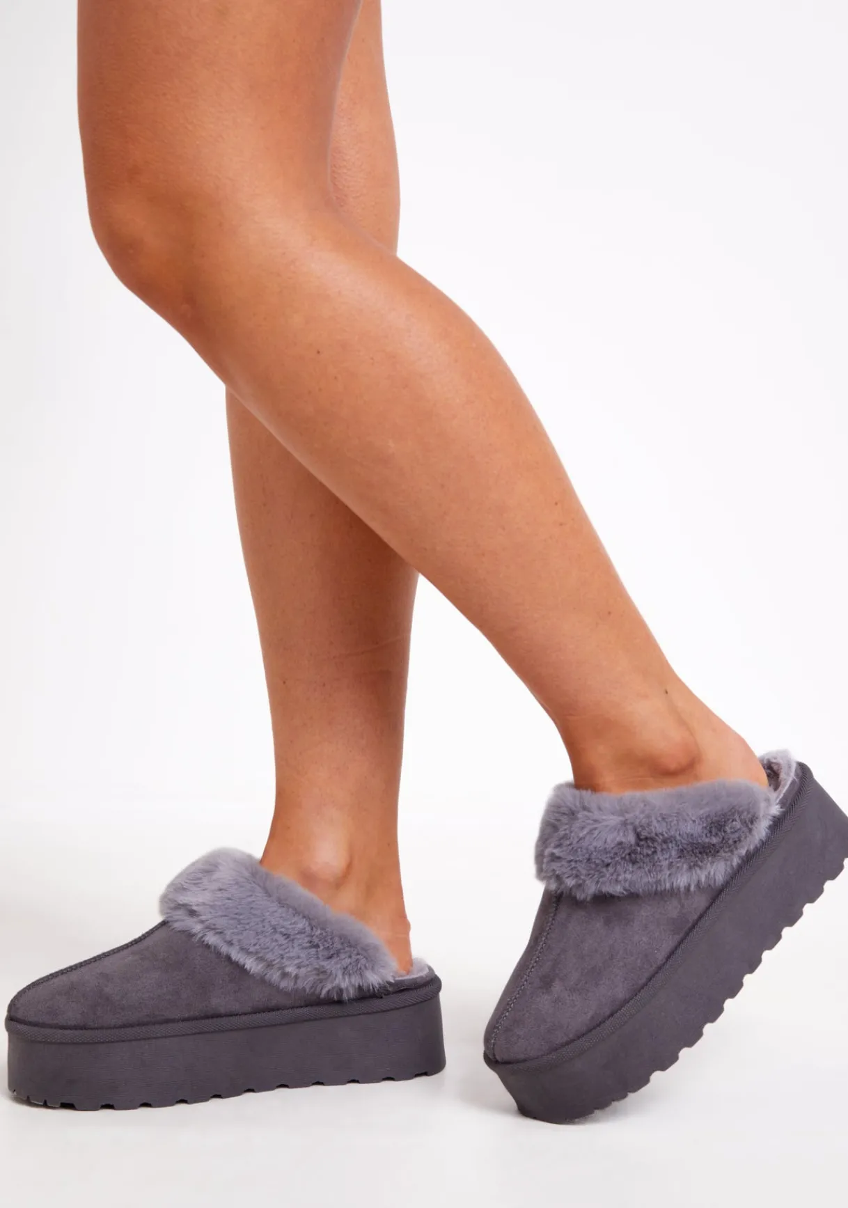 Boots*Missy Empire Sara Faux Fur Lined Platform Slippers Grey
