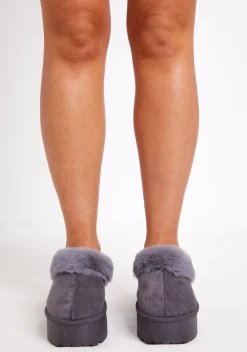 Boots*Missy Empire Sara Faux Fur Lined Platform Slippers Grey