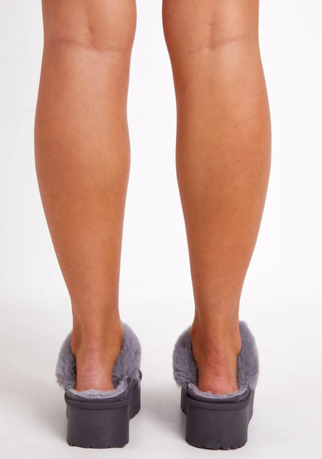Boots*Missy Empire Sara Faux Fur Lined Platform Slippers Grey