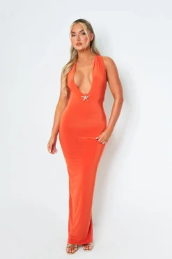 Going Out Dresses|Maxi Dresses*Missy Empire Sara Orange Backless Halterneck Maxi Dress