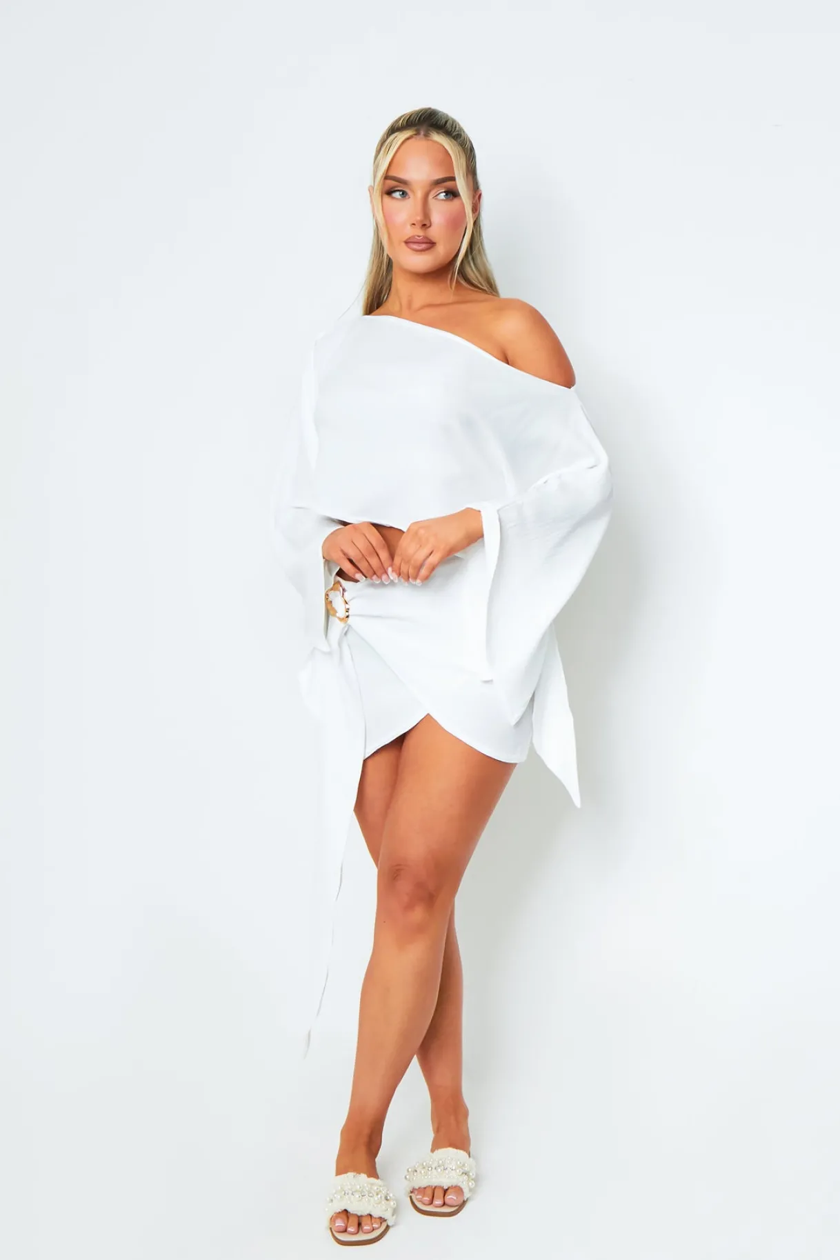Tops|Co-Ords*Missy Empire Sarah White Off Shoulder Drape Detail Top