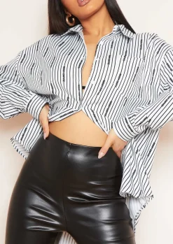 Tops*Missy Empire Sarah White Pinstripe Text Oversized Shirt