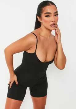 Concert Outfits|Airport Vibin'*Missy Empire Sariah Ribbed Seamless Strappy Unitard Black