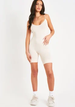 Rave Outfits|Airport Vibin'*Missy Empire Sariah Ribbed Seamless Strappy Unitard Cream