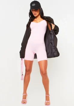 Rave Outfits|Airport Vibin'*Missy Empire Sariah Ribbed Seamless Strappy Unitard Pink