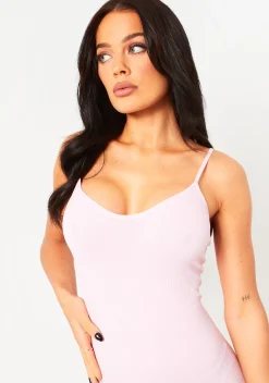 Rave Outfits|Airport Vibin'*Missy Empire Sariah Ribbed Seamless Strappy Unitard Pink