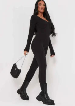 Airport Vibin'|Loungewear*Missy Empire Savannah Knitted Long Sleeve Jumpsuit Black