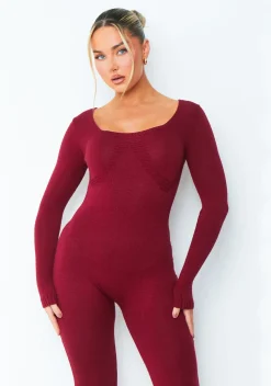 Loungewear|Jumpsuits & Playsuits*Missy Empire Savannah Burgundy Knitted Long Sleeve Jumpsuit Red