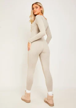 Airport Vibin'|Loungewear*Missy Empire Savannah Knitted Long Sleeve Jumpsuit Oatmeal