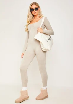 Airport Vibin'|Loungewear*Missy Empire Savannah Knitted Long Sleeve Jumpsuit Oatmeal