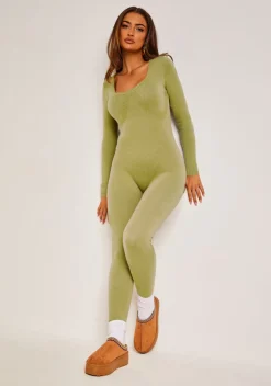 Loungewear|Knitwear*Missy Empire Savannah Knitted Long Sleeve Jumpsuit Olive