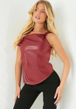 Tops*Missy Empire Scarlett Red Faux Leather Twisted One Shoulder Top