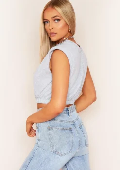 Tops*Missy Empire Sharla Grey Padded Shoulder Crop Top