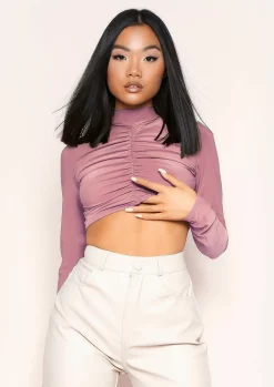 Tops*Missy Empire Siana Ruched Front Long Sleeve Crop Top Mauve